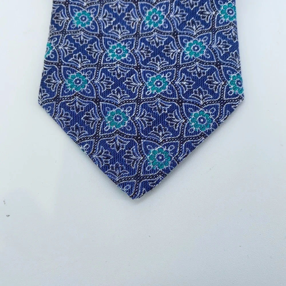 Eton Tie Men One Size Blue Green Floral Linen Classic Fit Necktie Italy Made NWT